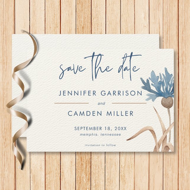Blue Cornflowers & Wheat Field Modern Wedding Save The Date (Blue Cornflowers & Wheat Field Modern Wedding Save The Date)