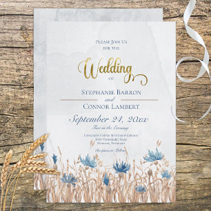Blue Cornflowers & Wheat Field on Blue Wedding Invitation