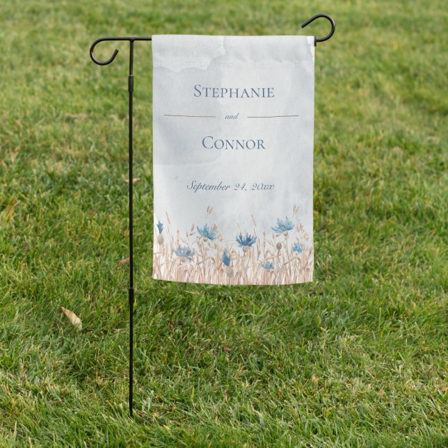 Blue Cornflowers & Wheat Field Wedding Garden Flag (In SItu)