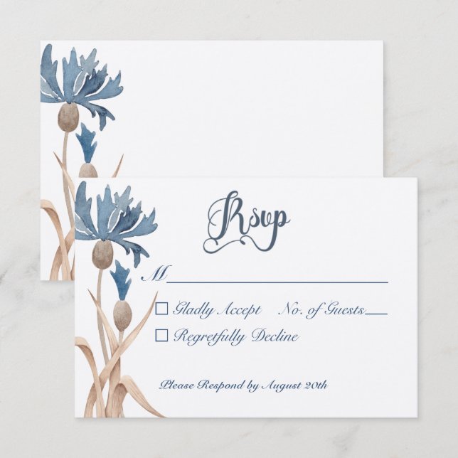Blue Cornflowers & Wheat Field Wedding RSVP Card (Front/Back)
