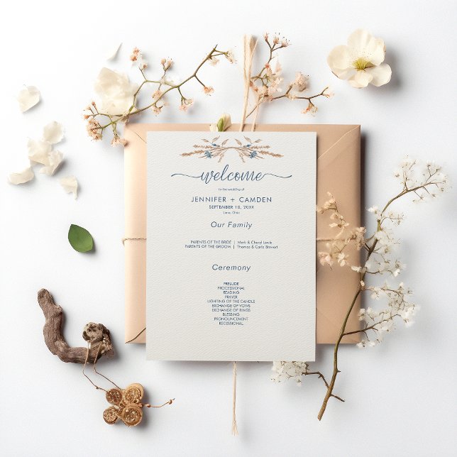 Blue Cornflowers & Wheat Modern Cream Wedding Program (Creator Uploaded)