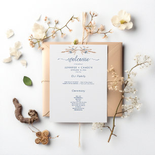 Blue Cornflowers & Wheat Modern White Wedding Program
