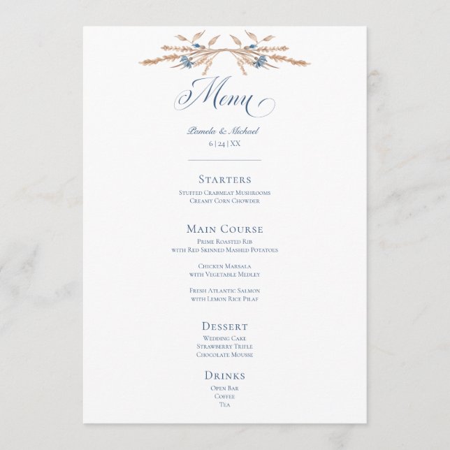 Blue Cornflowers & Wheat Wedding Menu (Front)