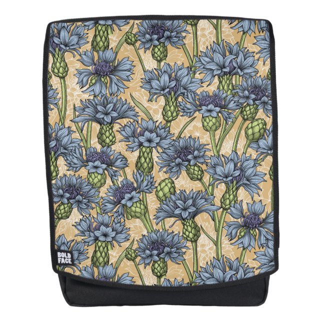 Blue cornflowers, wild flowers on honney yellow backpack (Front)