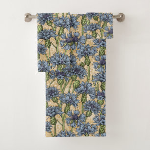 Blue cornflowers, wild flowers on honney yellow bath towel set