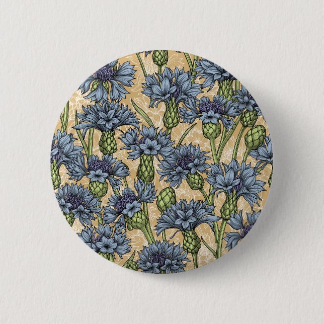 Blue cornflowers, wild flowers on honney yellow button (Front)