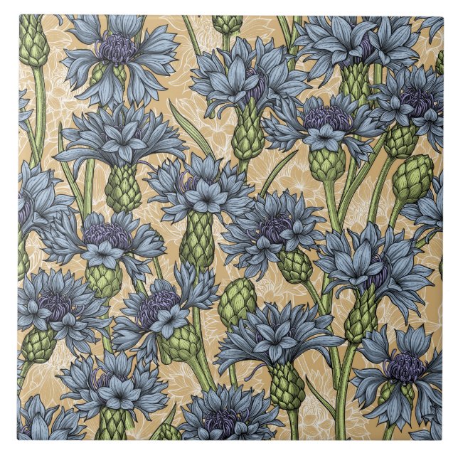 Blue cornflowers, wild flowers on honney yellow ceramic tile (Front)