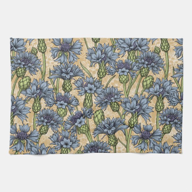 Blue cornflowers, wild flowers on honney yellow kitchen towel (Horizontal)