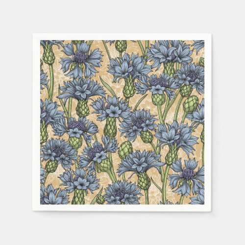 Blue cornflowers wild flowers on honney yellow napkins