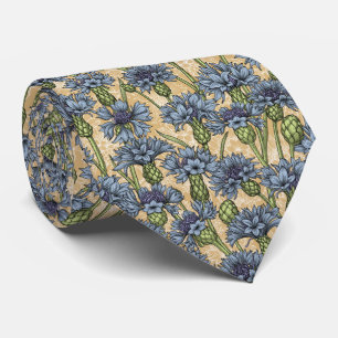 Blue cornflowers, wild flowers on honney yellow neck tie