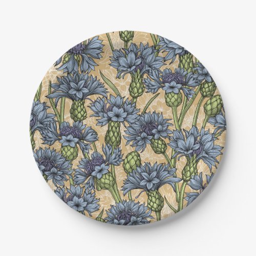 Blue cornflowers wild flowers on honney yellow paper plates