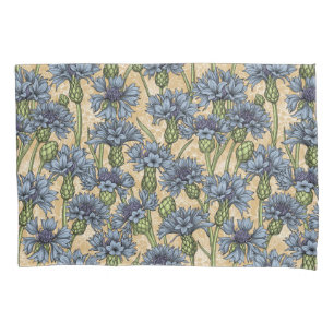 Blue cornflowers, wild flowers on honney yellow pillow case