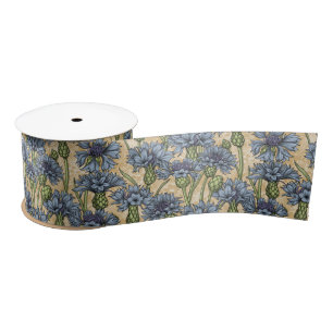 Blue cornflowers, wild flowers on honney yellow satin ribbon