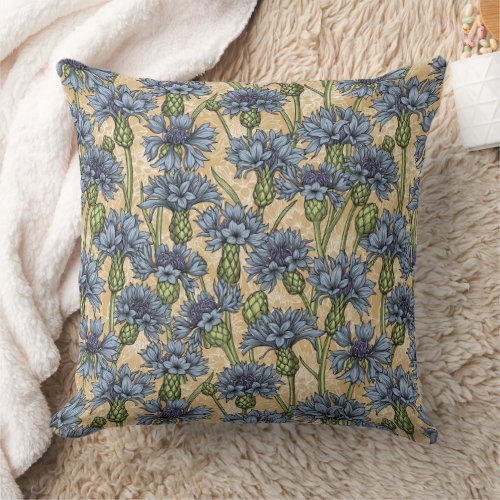 Blue cornflowers wild flowers on honney yellow throw pillow