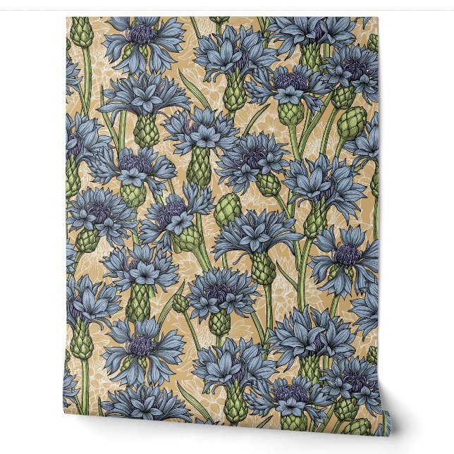 Blue cornflowers, wild flowers on honney yellow wallpaper  (Unrolling)