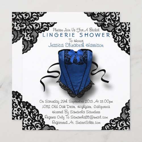 Blue Corset  Black Lace Lingerie Shower Invitation