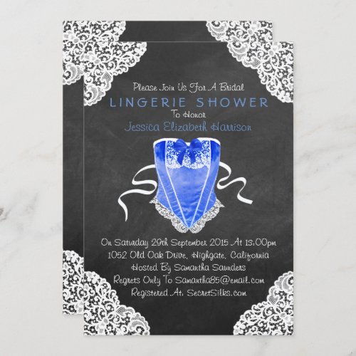 Blue Corset White Lace Chalkboard Lingerie Shower Invitation