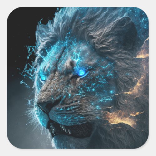 Blue Cosmic Glow Fire Lion Square Sticker