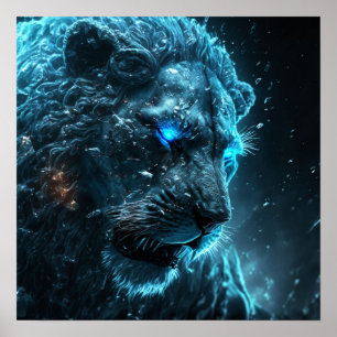 Blue Cosmic Glow Lion Poster