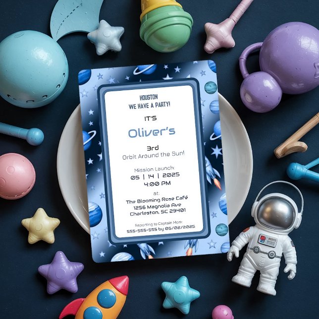 Blue Cosmic Rocket and Planet Birthday Party  Invitation (Creator Uploaded)