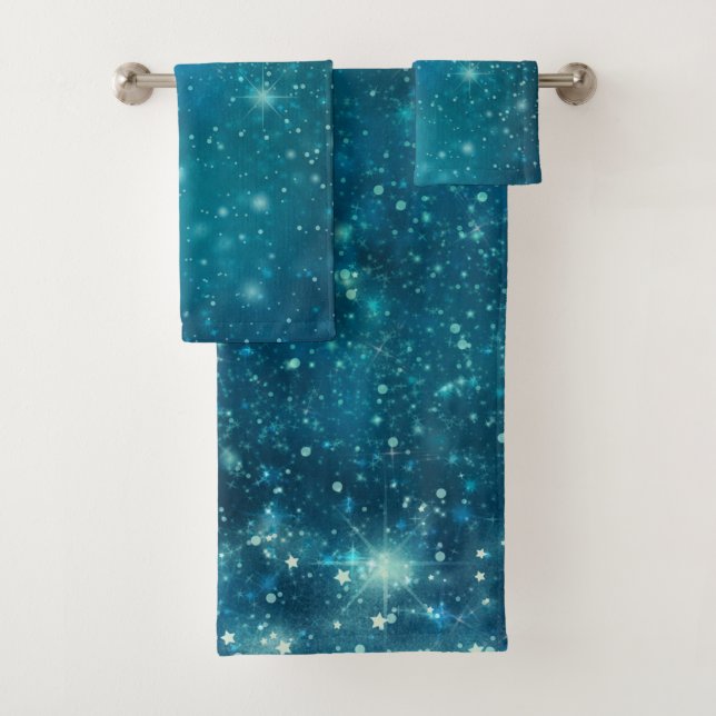 Blue Cosmic Spacey Starry Sky Bath Towel Set (Insitu)