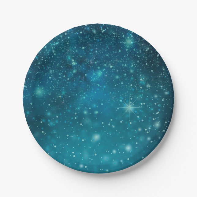 Blue Cosmic Spacey Starry Sky Stars Paper Plates (Front)