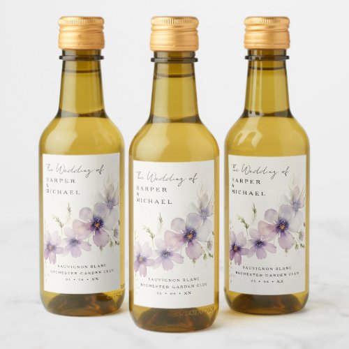 Blue cosmos flowers personalized wedding wine label