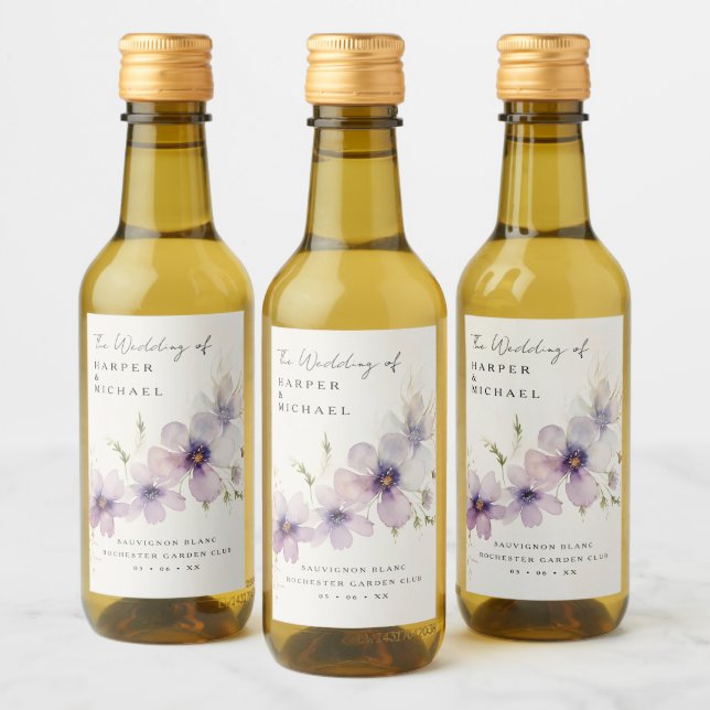 Blue cosmos flowers personalized wedding wine label (Bottles)