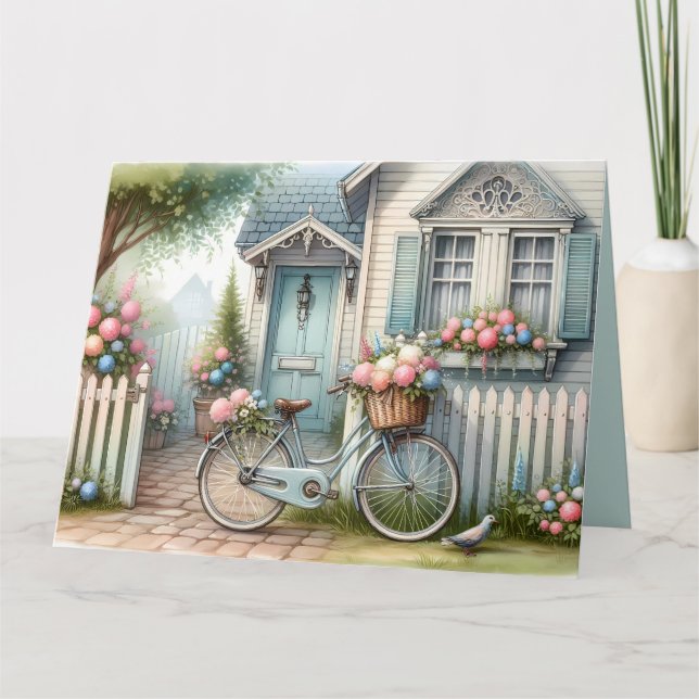 Blue Cottage Bike with Spring Flower Basket Card (Front)