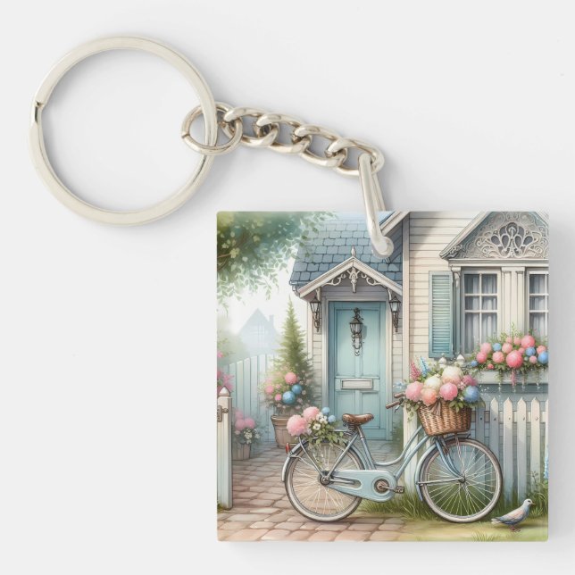 Blue Cottage Bike with Spring Flower Basket Keychain (Front)