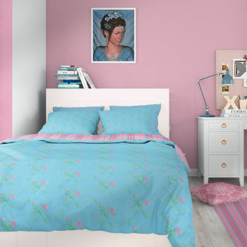 Blue Cottage Floral With Pink Stripes Duvet Cover by Gingezel at Zazzle