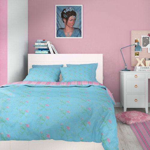 Blue Cottage Floral with Pink Stripes Duvet Cover