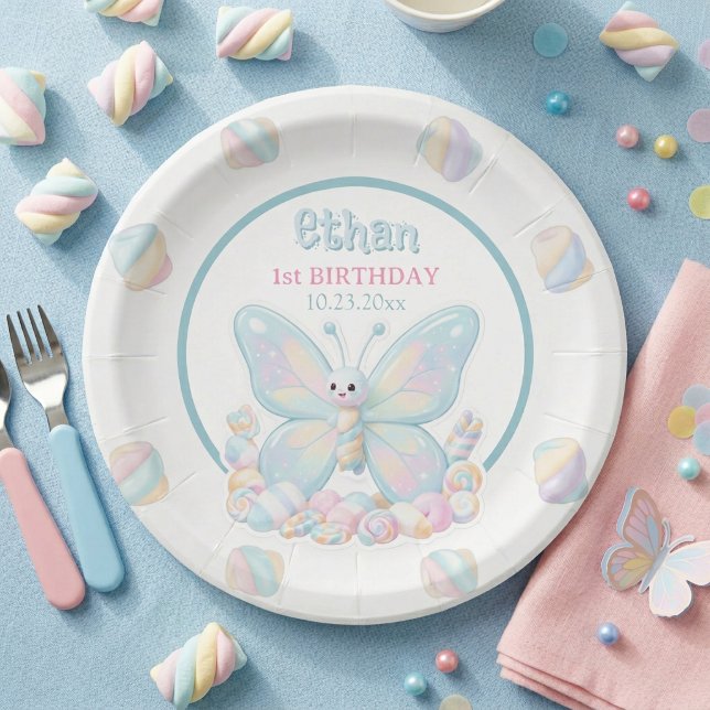 Blue Cotton Candy Butterfly Birthday Paper Plates (Blue Butterfly Birthday Paper Plate)
