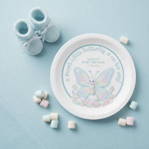 Blue Cotton Candy Butterfly Boy Baby Shower Paper Plates