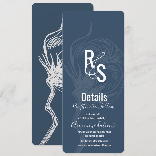 Blue Cotton Plants Line Art Wedding Details Invitation (Front/Back)