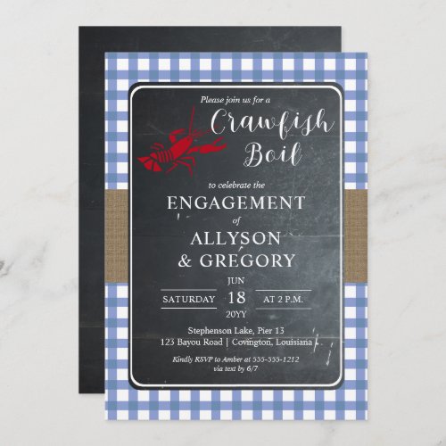 Blue Country Checks Crawfish Boil Engagement Party Invitation