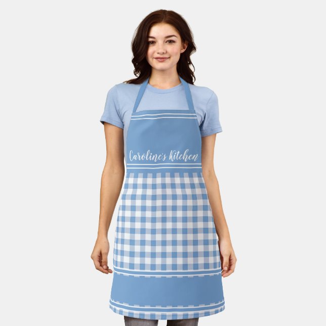 Blue Country Gingham Decor Farmhouse Personalized Apron (Worn)