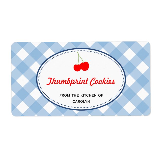 Blue country gingham pattern red cherry food label (Front)