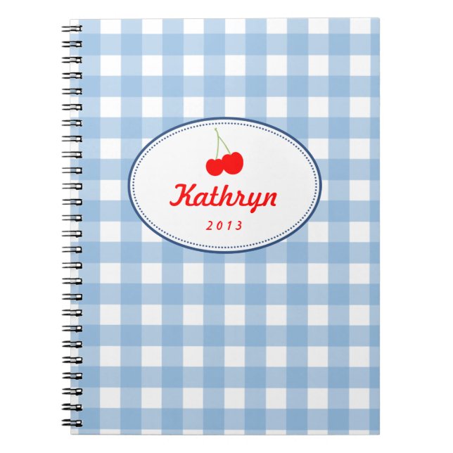 Blue country gingham pattern red cherry personal notebook (Front)