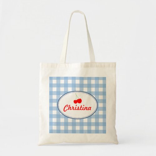 Blue country gingham pattern red cherry personal tote bag