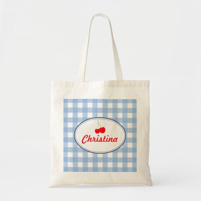 Blue country gingham pattern red cherry personal tote bag (Front)