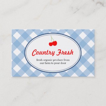 Blue Country Gingham Pattern Red Cherry Produce Business Card by FidesDesign at Zazzle