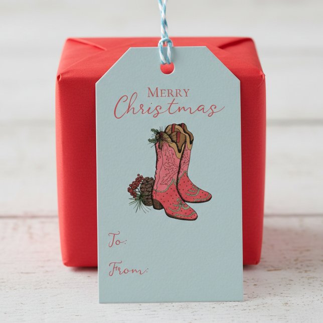 Blue Country Merry Christmas To From Gift Tag (Country Cowgirl Boots Christmas Gift Tags for Her. Vintage Blue Rodeo Cowboy Boots & Xmas Pinecones)