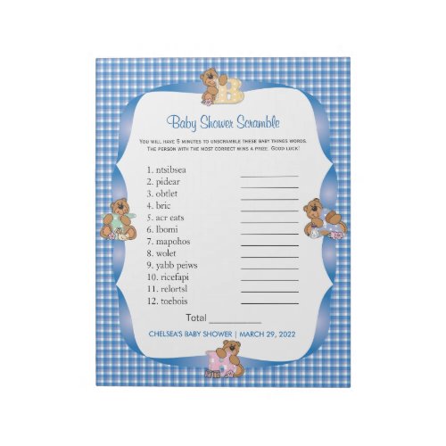 Blue Country Plaid with Baby Bears _ Word Scramble Notepad