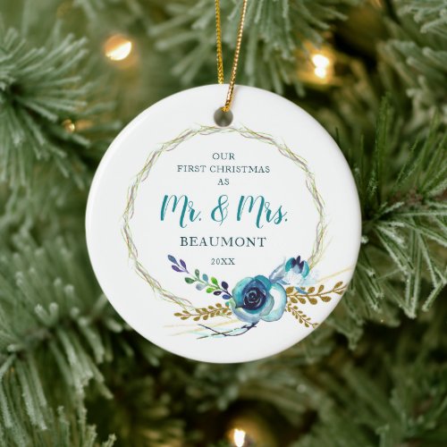 Blue Country Roses Mr  Mrs 1st Personalized Ceramic Ornament