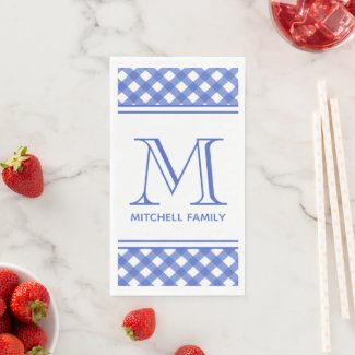 Blue Country Style Gingham Pattern Monogram Napkins