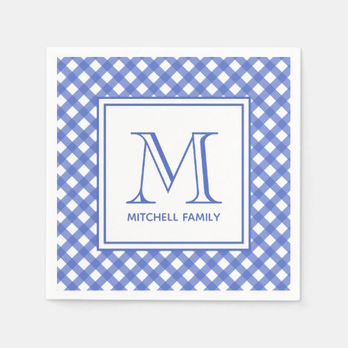 Blue Country Style Gingham Pattern Monogram Napkins