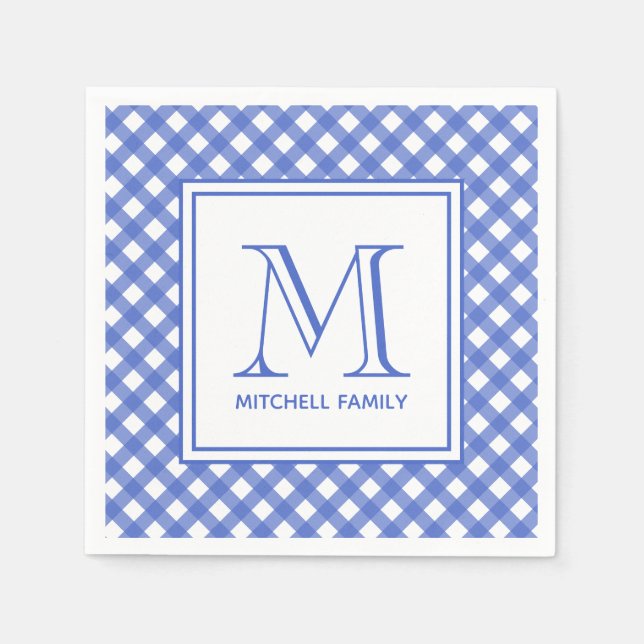 Blue Country Style Gingham Pattern Monogram Napkins (Front)