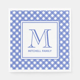 Blue Country Style Gingham Pattern Monogram Napkins