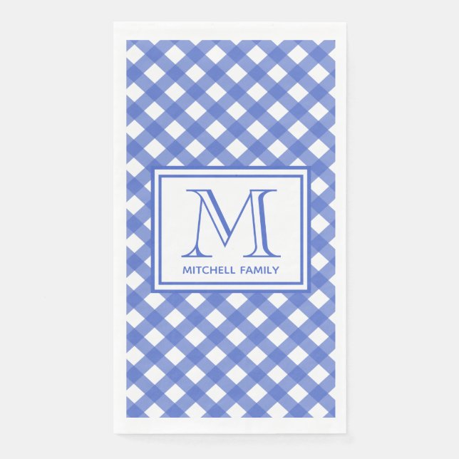 Blue Country Style Gingham Pattern Monogrammed Paper Guest Towels (Front)